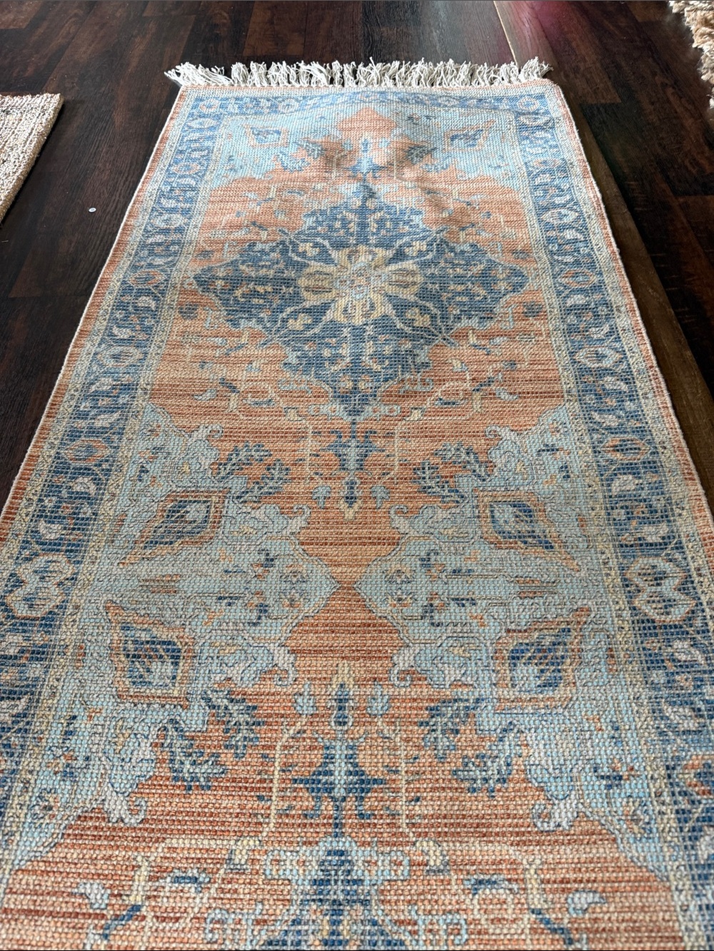 Vintage-Style Runner Rug in Coral & Dusty Blue 2x8” - Picture 5 of 7